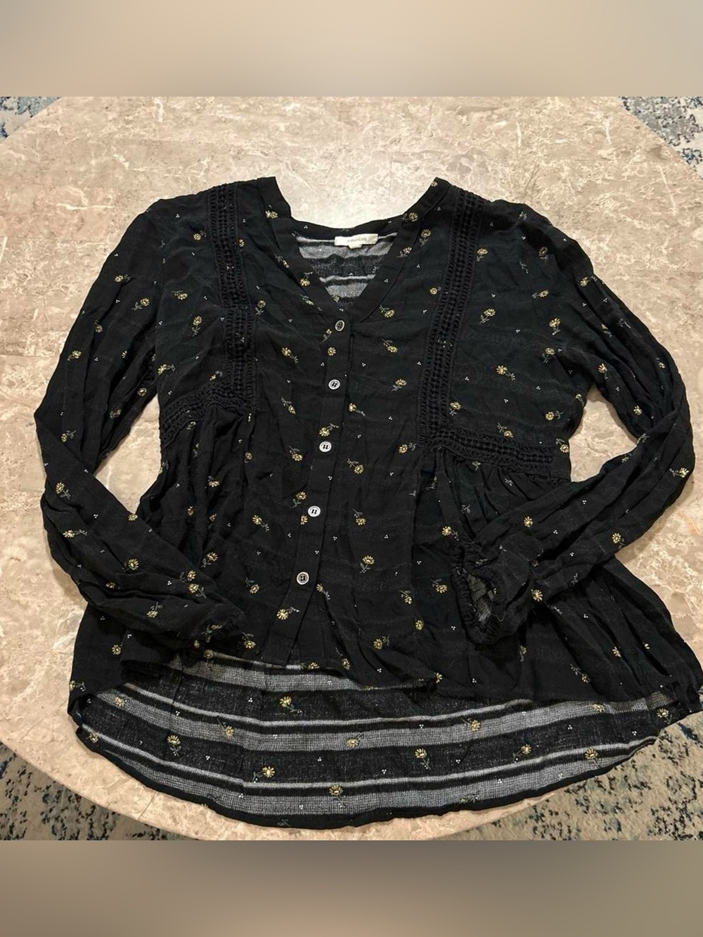 Maurices Black Button-Down Blouse with Gold Floral Print